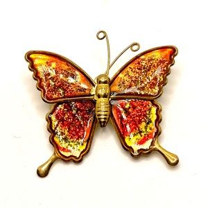 Vintage 70's 80's Butterfly Enamel Brooch Gold Red and Orange Pin Pendant 🦋D034